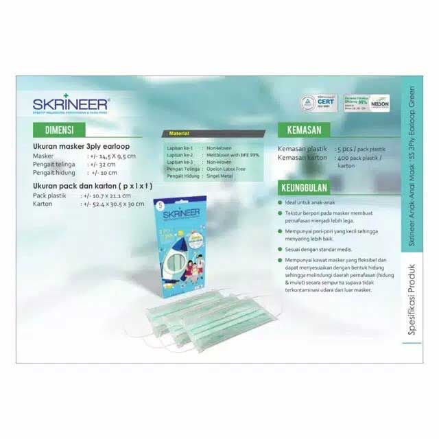 Skrineer Anak Mask 5S 3Ply Earloop Green - 2