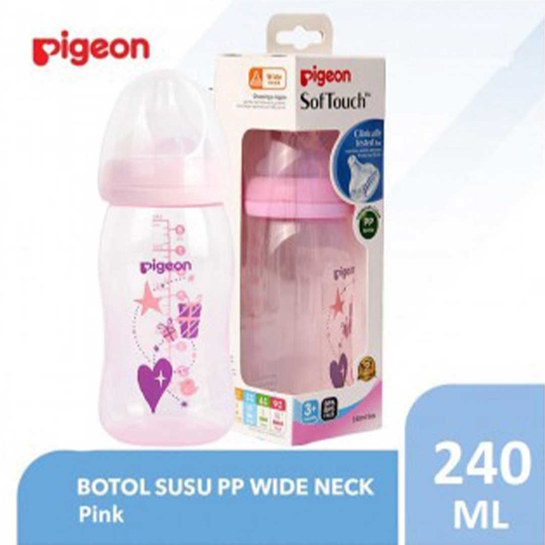 Pigeon Botol PP Clear Wide Neck Soft Touch Pink Motif 240ml - 1