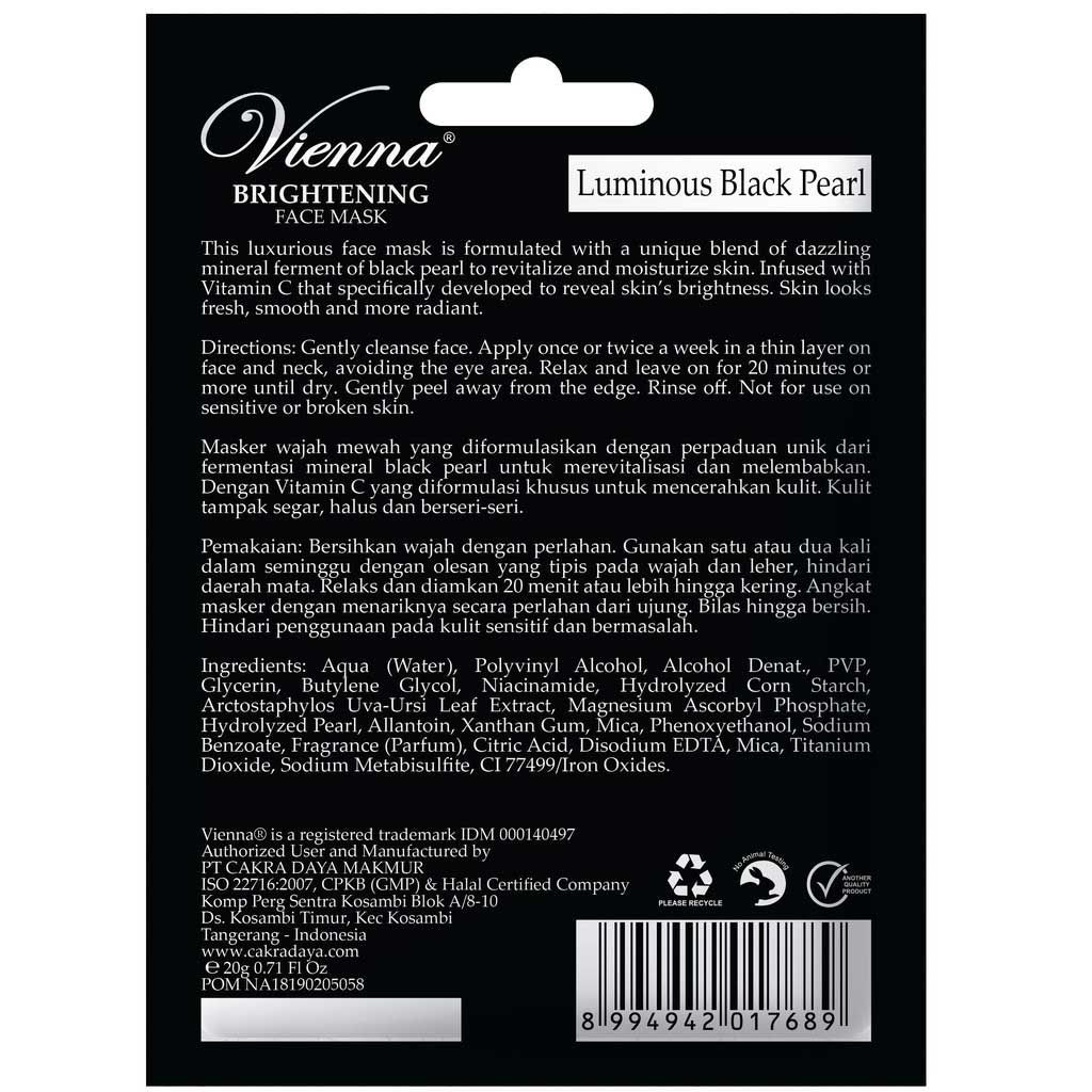 Vienna Peel Off Face Mask Luminous Black Pearl - 20G Sachet - 2