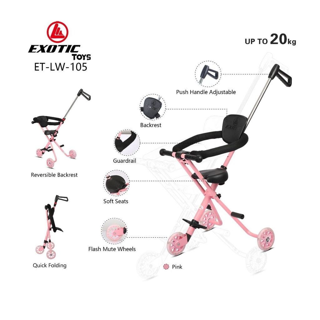 Exotic Stroler Anak Bayi Balita Kursi Dorong Micro Stroller Trike Exotic ET LW105 Roda 3 Pink - 2