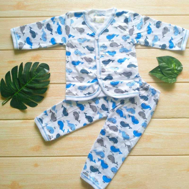 Saffendra Setelan Baju Bayi Usia 0 6 Bulan Laki-Laki , Setelan Bayi Lengan Panjang Perempuan Motif Lebah - Putih Biru - 1