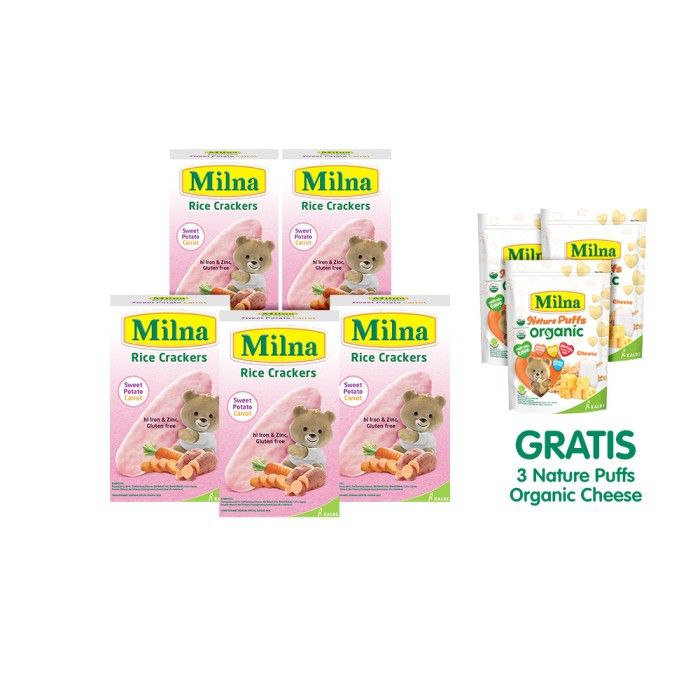 5 Milna Rice Crackers Sweet Potato Carrot 5x4g Free Nature Puff Cheese - 2