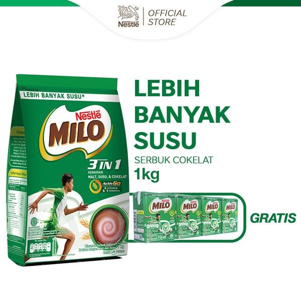 MILO 3in1 ACTIV-GO Susu Coklat Pouch 1kg Gratis Milo UHT 110ml - 1