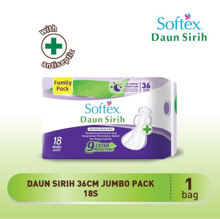 Softex Daun Sirih + Vitamin E Jumbo Pack 36 18s - Pembalut Daun Sirih Siang - 1