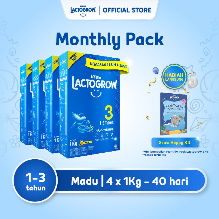 Nestle LACTOGROW 3 Happynutri Madu Susu Box 1Kg x 4pcs + Hadiah - 1