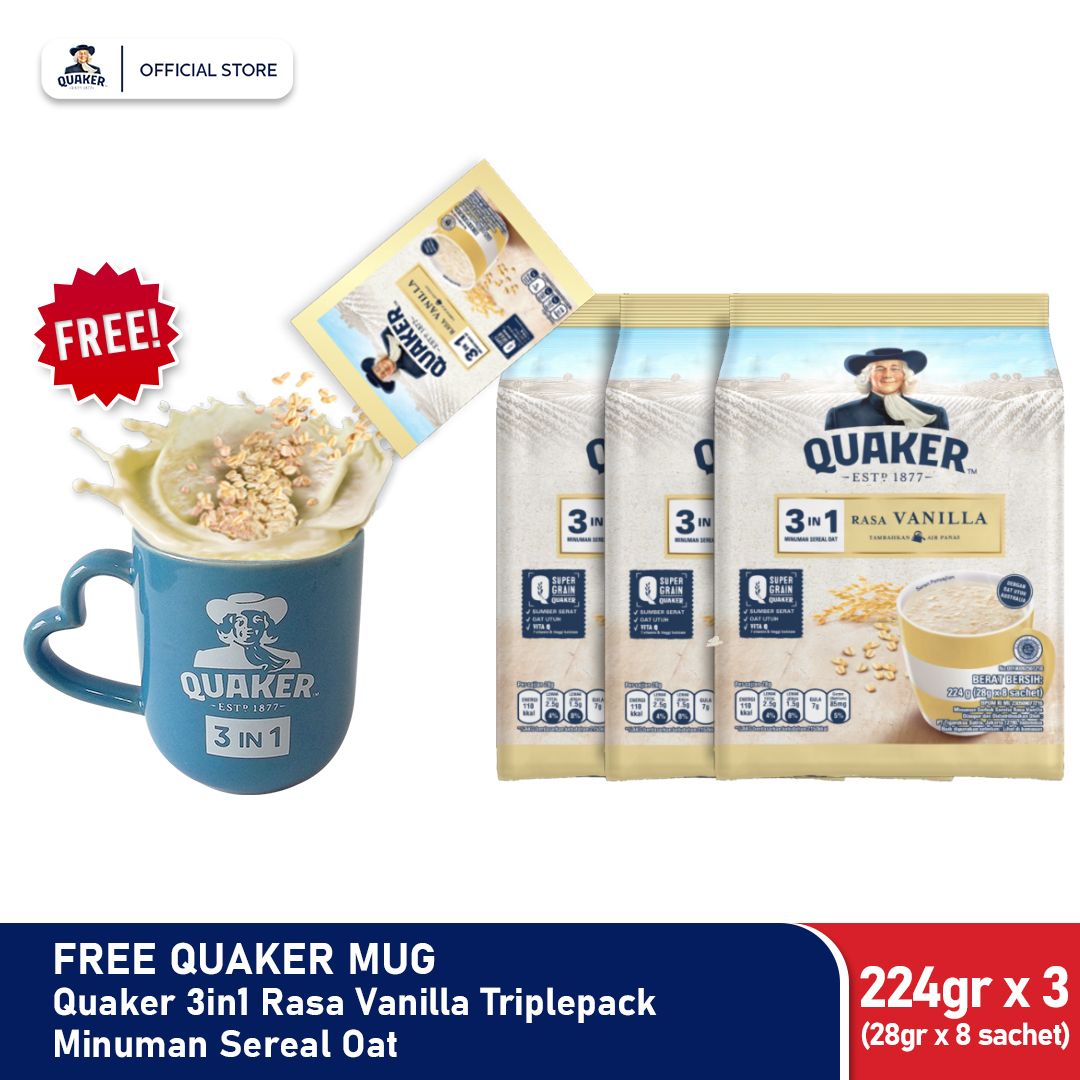 Quaker 3in1 Vanilla Polybag 224g Triple Pack + Free Exclusive Mug - 1