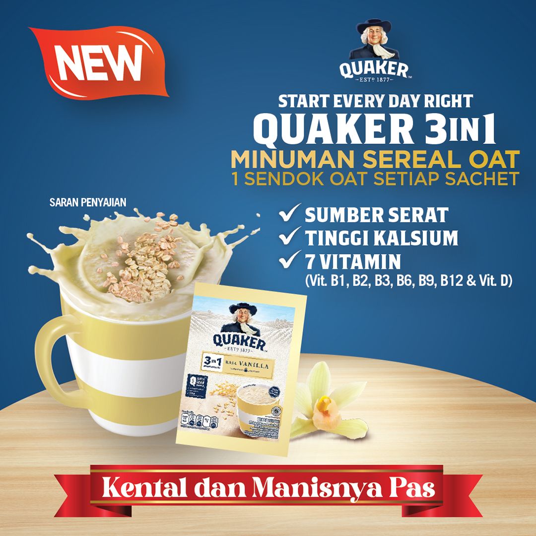 Quaker 3in1 Vanilla Polybag 224g Triple Pack + Free Exclusive Mug - 3