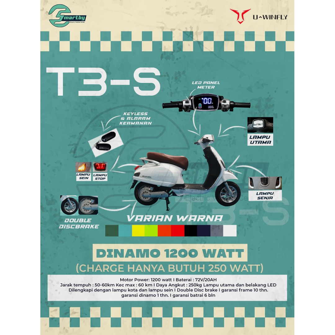 Sepeda Motor Listrik T3 S Vespa UWINFLY 1200 watt On The Road - 2