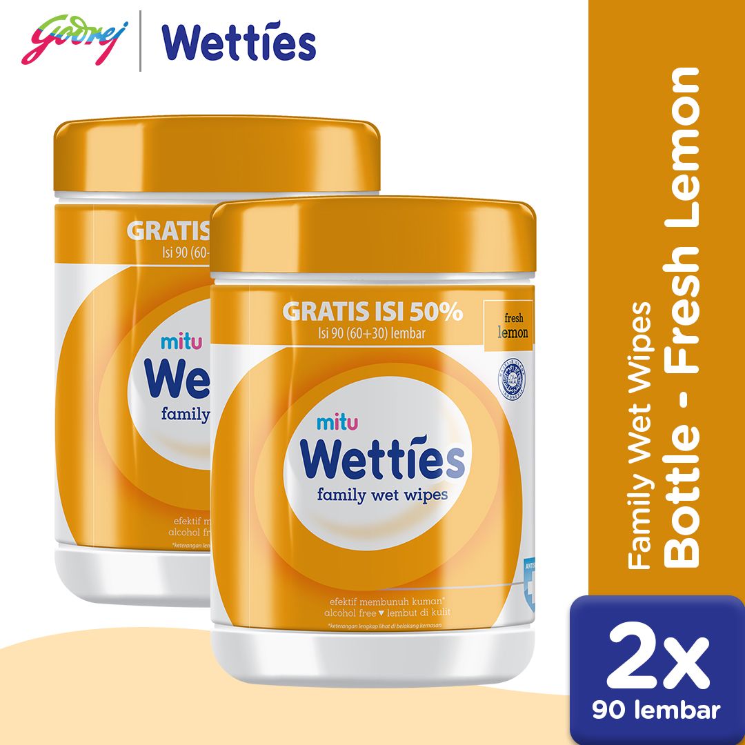 Mitu Wetties Antiseptic Family Wet Wipes Fresh Lemon Bottle 90'S - Tisu Basah Keluarga x2 - 1