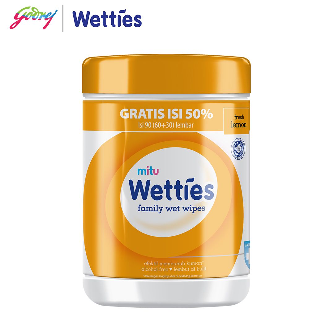 Mitu Wetties Antiseptic Family Wet Wipes Fresh Lemon Bottle 90'S - Tisu Basah Keluarga x2 - 2