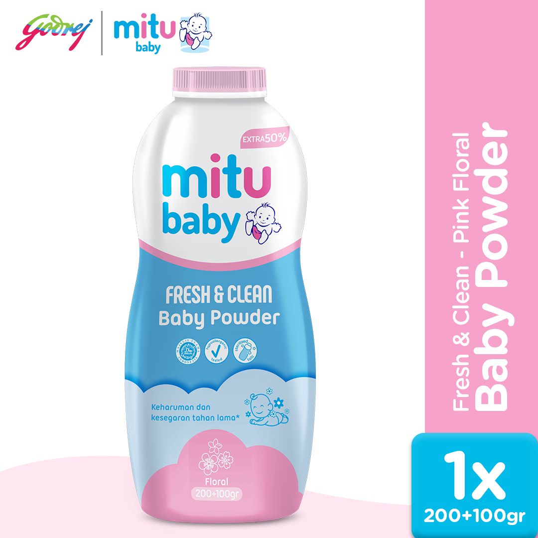 Mitu Baby Powder Fresh & Clean Pink Floral 200 + 100 gr - Bedak Bayi - 1