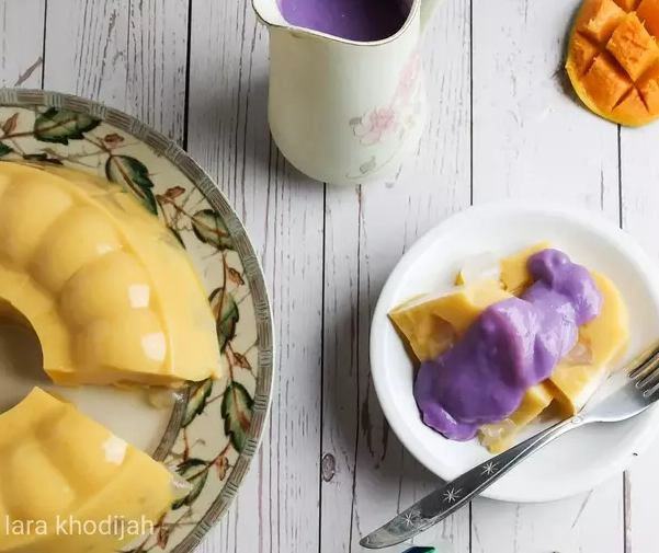 Resep Pudding Mangga Nata de Coco dan Vla Ubi Ungu