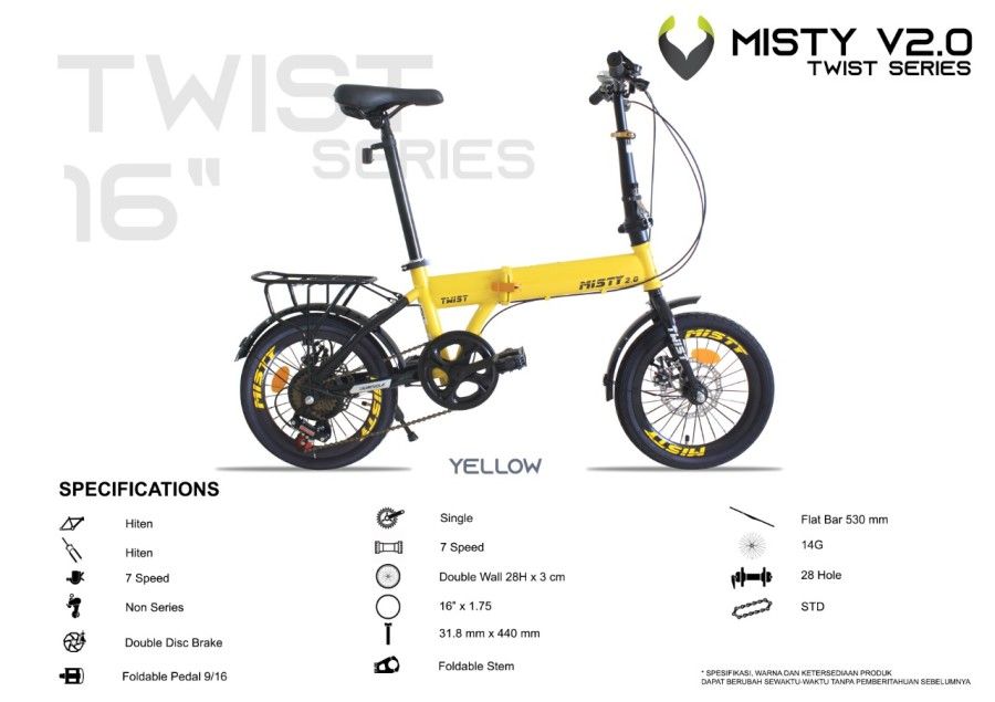 Misty Sepeda Lipat Viva Misty V2.0 Twist Series 16 inch 7s lunox Garansi SNI - Kuning - 1