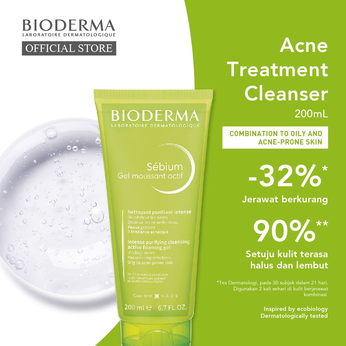 Bioderma Sebium Gel Moussant Actif 200 ml - Facial Wash untuk Melawan Jerawat - 1