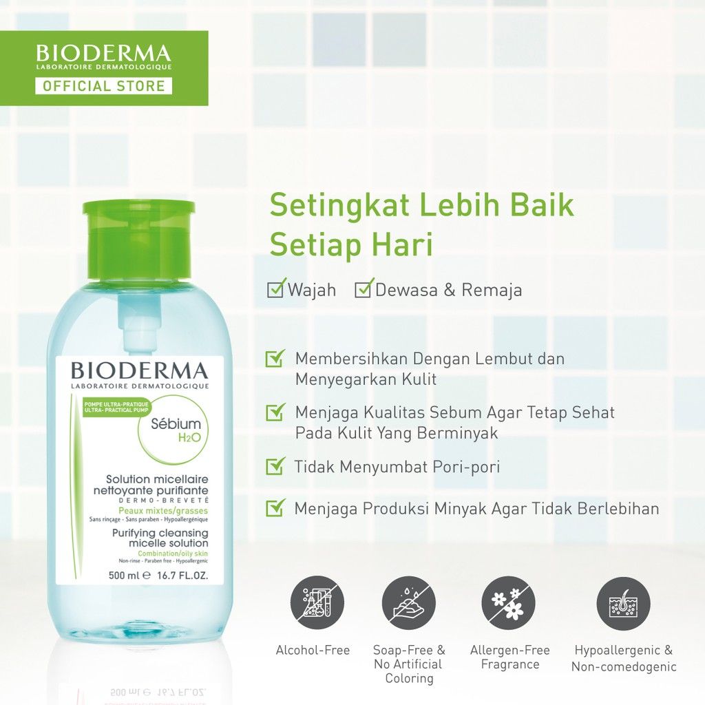 Bioderma Sebium H2O 500 ml Pump - Micellar Water untuk Kulit Kombinasi / Berminyak / Berjerawat - 4