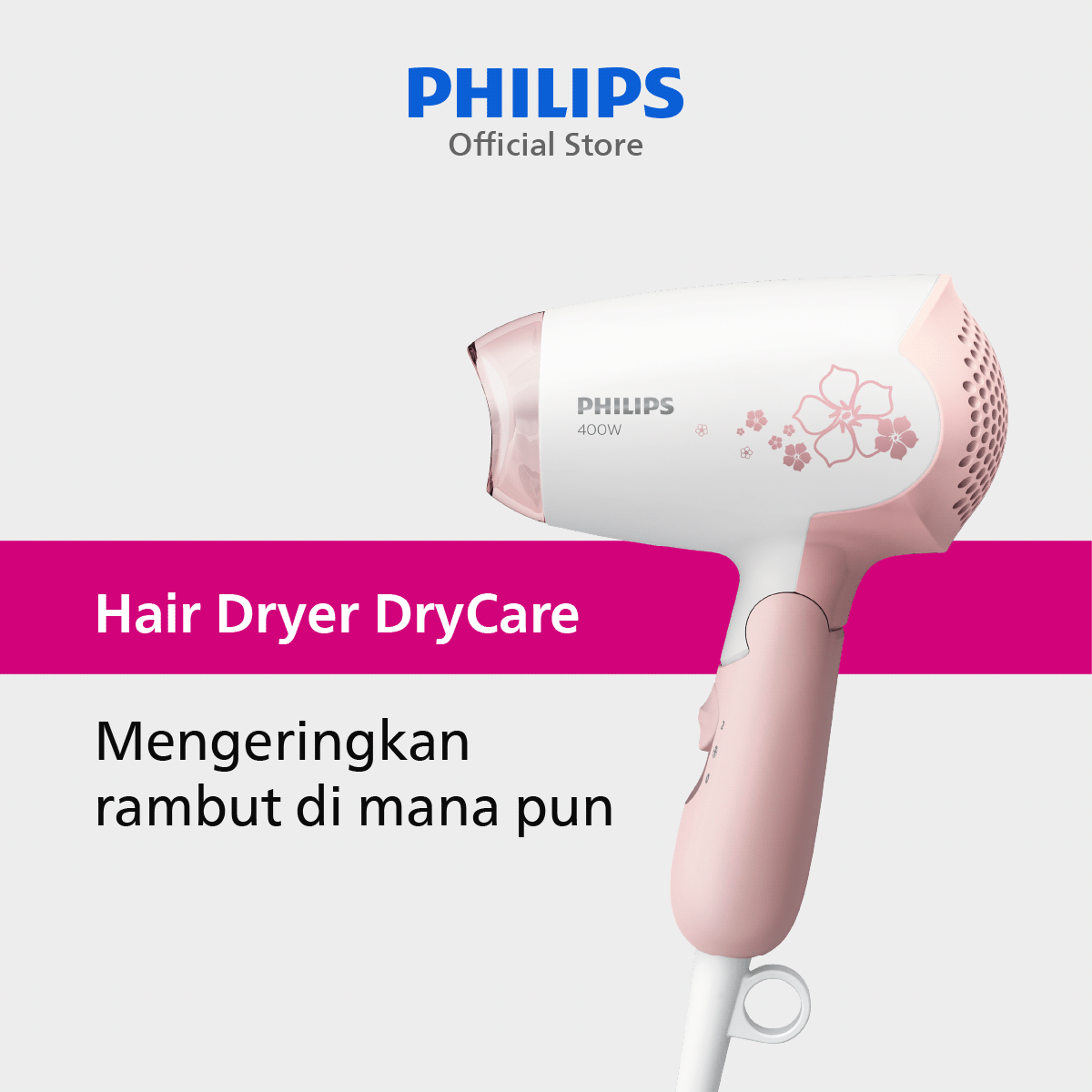 Philips Hair Dryer Care 400 W Pink HP8108/02 Pengering Rambut - 1