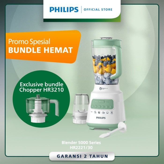 Philips Blender Plastik 2L HR2221/30 Hijau + Chopper HR3210/55 - 1