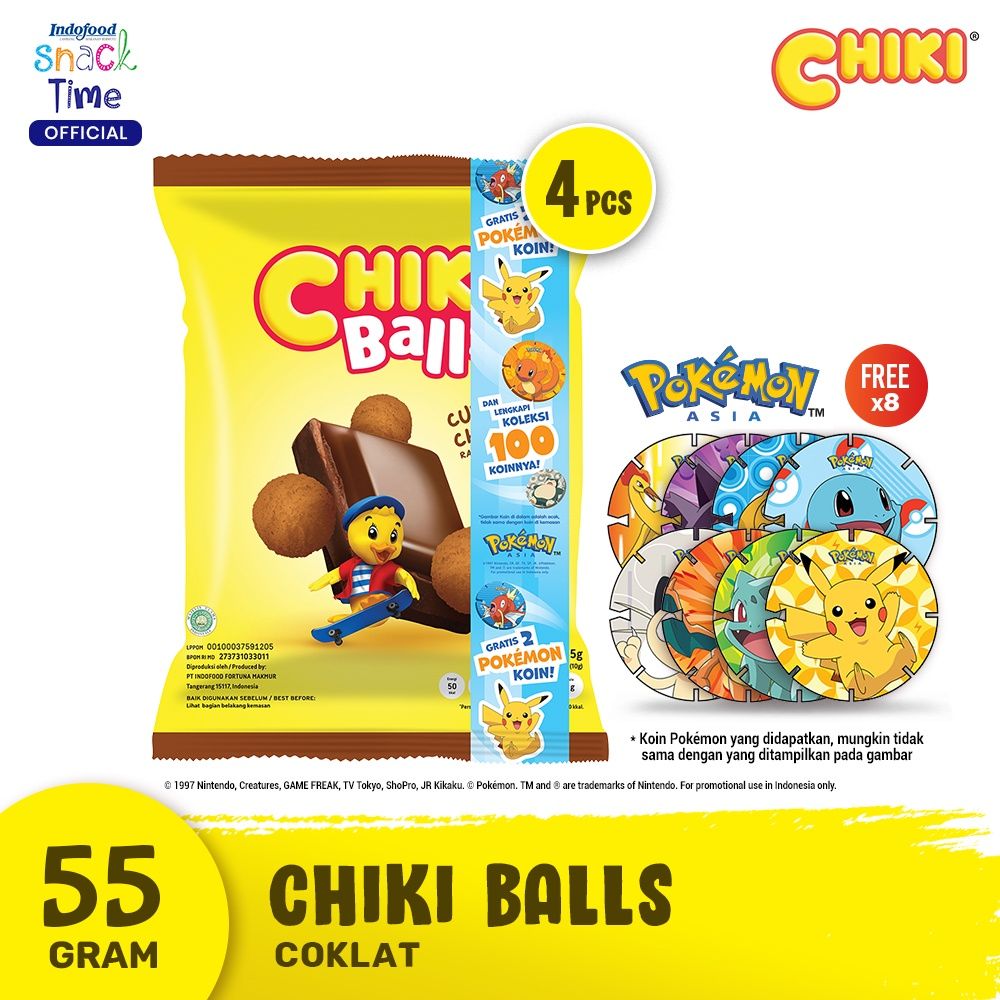 Chiki Balls Coklat 55 Gr [4 Pcs] - Free 8 Pcs Pokémon Coins - 1