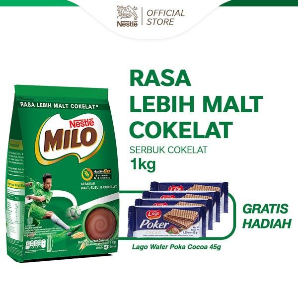 MILO ACTIV-GO Susu Coklat Pouch 1kg FREE Biskuit Lago - 1