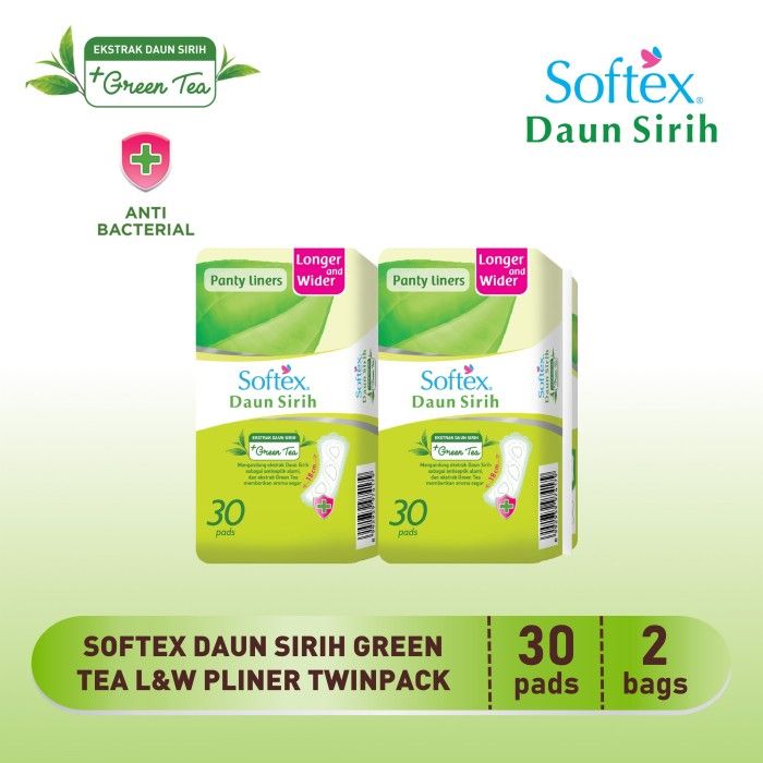 Pantyliner Softex Daun Sirih + Green Tea Longer & Wider 30s x 2 Pack - Pantyliner Daun Sirih - 1