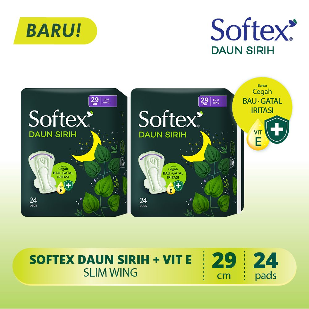 Softex Daun Sirih + Vitamin E Jumbo Pack 29cm 24s x 2 Pack - Pembalut Daun Sirih Siang - 2