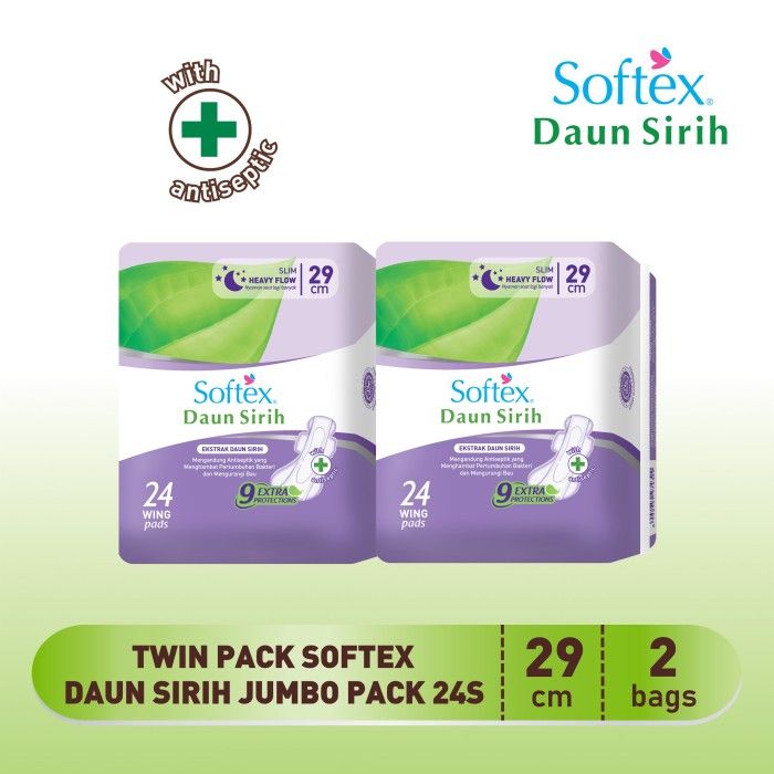 Softex Daun Sirih + Vitamin E Jumbo Pack 29cm 24s x 2 Pack - Pembalut Daun Sirih Siang - 1