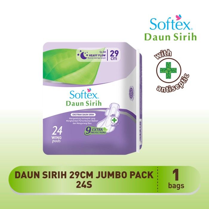 Softex Daun Sirih + Vitamin E Jumbo Pack 29cm 24s - Pembalut Daun Sirih Siang - 1