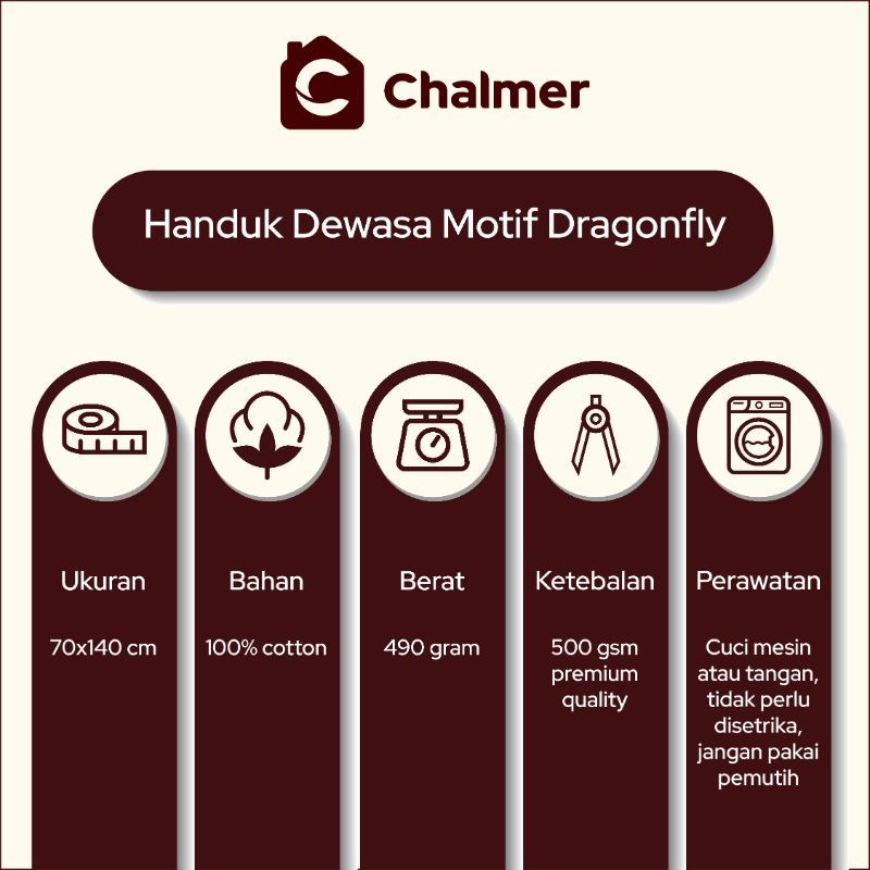 Handuk Mandi Chalmer 70 x 140 cm Motif Dragonfly Handuk Mandi Dewasa Premium - Blue - 3
