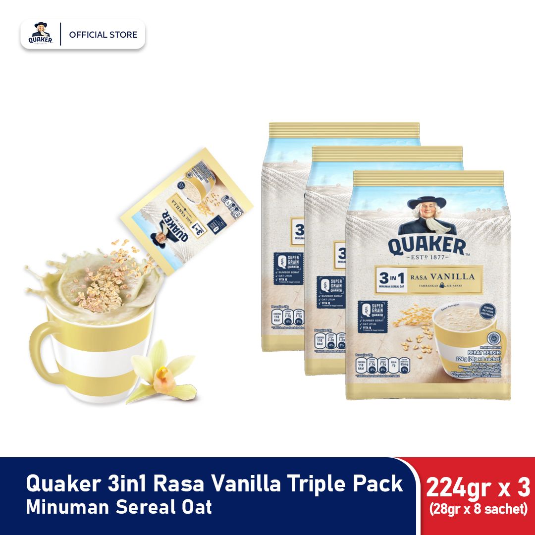 Quaker 3in1 Vanilla Polybag 224g Triple Pack Minuman Sereal Oats - 1