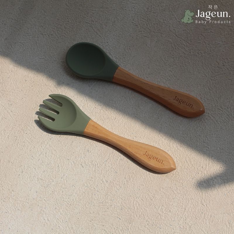 JAGEUN Premium Silicone Wood Spoon n Fork | Sendok Garpu Kayu Bambu Bayi Warna Hijau - 1