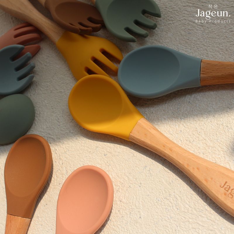 JAGEUN Premium Silicone Wood Spoon n Fork | Sendok Garpu Kayu Bambu Bayi Warna Hijau - 3