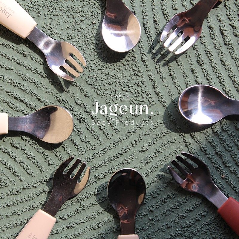 JAGEUN Premium Stainless Spoon Fork Silicone | Sendok Garpu Besi Anak Gagang Silikon Set Warna Beige - 4