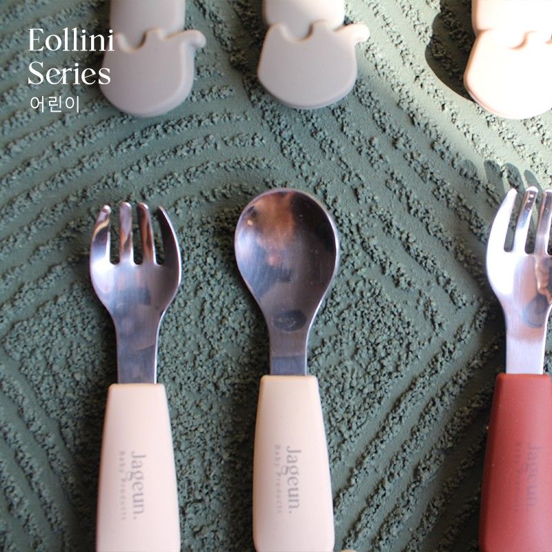 JAGEUN Premium Stainless Spoon Fork Silicone | Sendok Garpu Besi Anak Gagang Silikon Set Warna Beige - 3