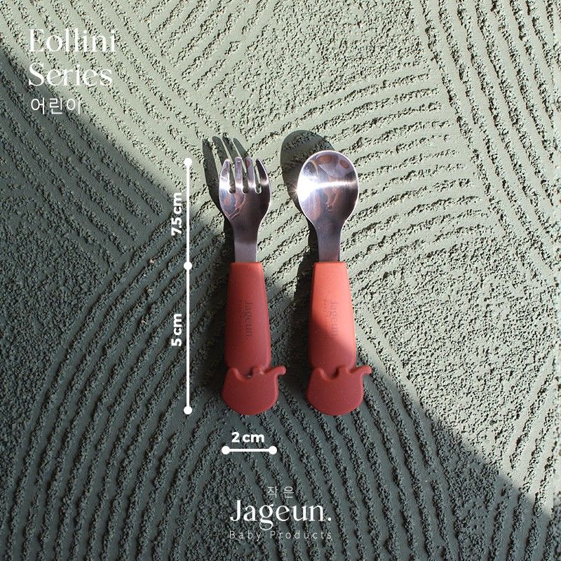 JAGEUN Premium Stainless Spoon Fork Silicone | Sendok Garpu Besi Anak Gagang Silikon Set Warna Beige - 5