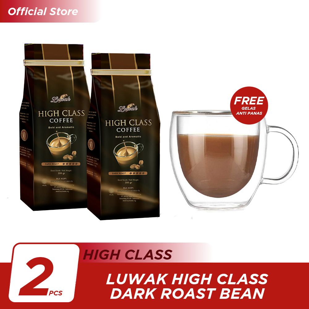 Luwak High Class Dark Roast Bean 200gr 2 Pcs - Free Gelas Anti Panas - 1