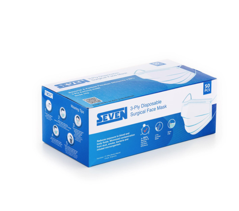 Seven Masker Earloop 3 ply Box @ 50 pcs / Masker Medis Disposable - 1